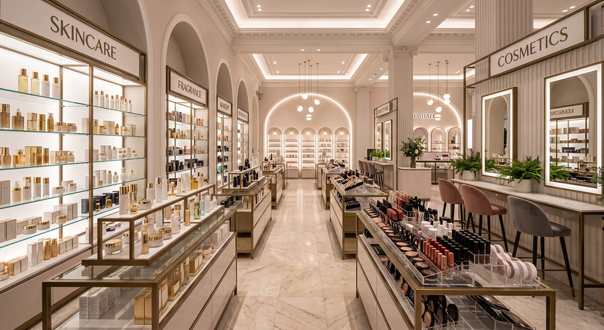 Luxury beauty hall with skincare, fragrance and cosmetics counters